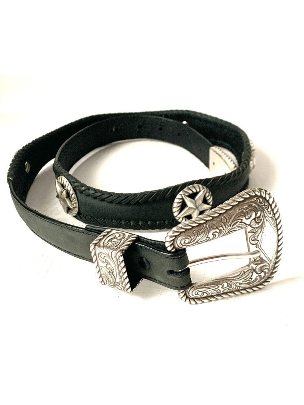 Vintage Black Leather Belt With Silver-Tone Buckle & Star Accents Size 36 W Good